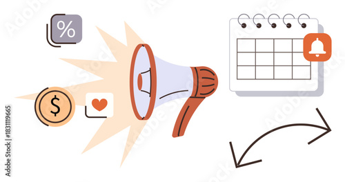 Megaphone amplifying icons for percentage, dollar, and heart, alongside a calendar with a reminder. Ideal for marketing, promotion, communication, planning, business strategy and advertising