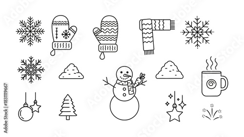 Winter Wonderland Icons: A collection of simple, elegant icons evokes the cozy charm of winter. A delicate dance of snowflakes, a smiling snowman, and warm cocoa create an atmosphere of winter season.