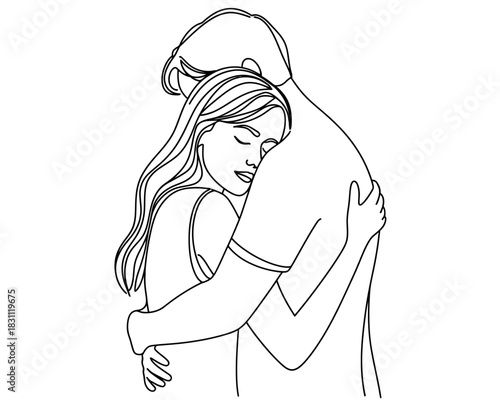 A woman hugs a man tightly, finding solace and comfort in his embrace.