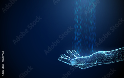 Open palm with streams of blue digital points rising upward. Data flow, information visualization, artificial intelligence, system processing, innovation concept.