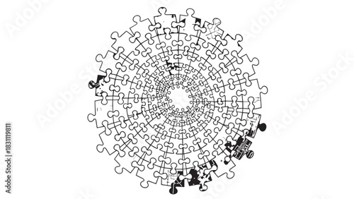 Intricate circular maze illustration featuring silhouetted people along the edge.