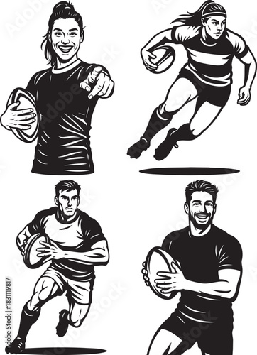Four black and white vector illustrations of male and female rugby players in various action poses, holding the ball.