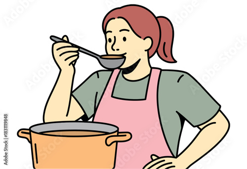 A person in an apron tastes soup from a pot with a ladle.