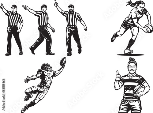 Collection of black and white illustrations depicting rugby and American football players and referees in various dynamic poses and actions.