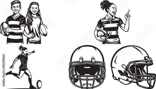 Rugby and American football themed vector graphics in black and white.