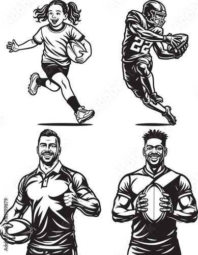 Black and white vector illustration of people playing rugby.