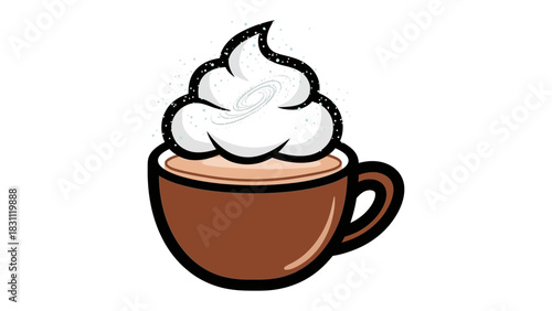 Morning Delight: A meticulously drawn coffee cup overflows with inviting whipped cream, a charming graphic that hints at the delight of morning ritual.