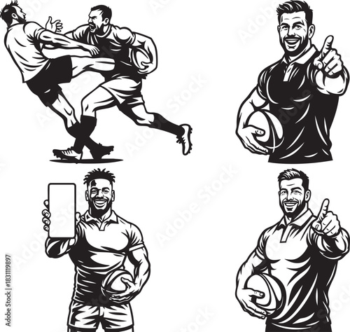 A set of four black and white vector illustrations featuring muscular rugby players in various poses, including tackling and holding a smartphone.