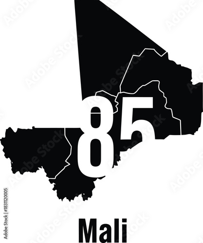 Black silhouette of mali map with country code number eighty five isolated on transparent background