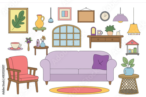 A collection of stylized furniture and decorative items typically found in a living room.