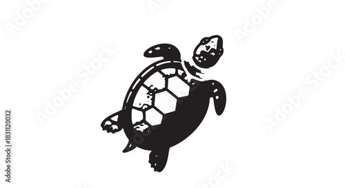Monochrome turtle illustration with shell, flippers and serene pose.