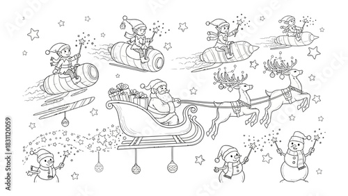 Joyful Christmas Fantasy: A whimsical scene unfolds, featuring santa claus, reindeer, elves, and snowmen soaring through a starlit sky, embracing the magic of Christmas.