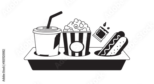 Assorted fast food tray with fries, hotdog, popcorn and beverage on a serving tray.