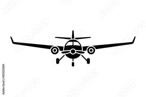 A silhouette of a twin-engine airplane is depicted against a white background, showcasing its front view.