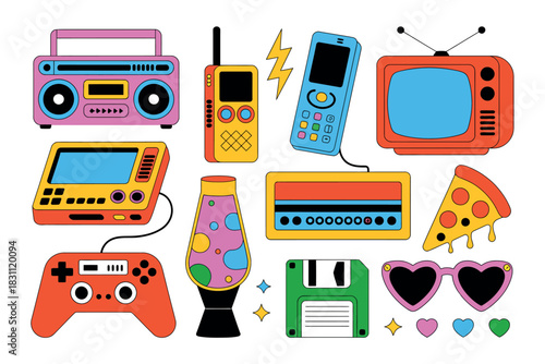 A collection of colorful 1980s and 1990s era technology and pop culture items is depicted.