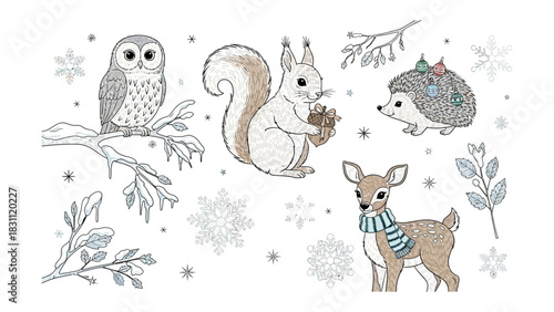 Winter Wonderland Creatures: Delicate illustrations of owl, squirrel, hedgehog, and deer come together with snowflake and branch, which creates a serene atmosphere.
