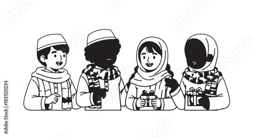 Group of four illustrated travelers wearing traditional clothing with cameras and bags on a lineart scene.