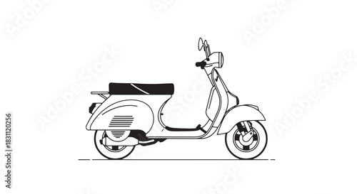 Minimalist line drawing of a person riding a scooter on a street.