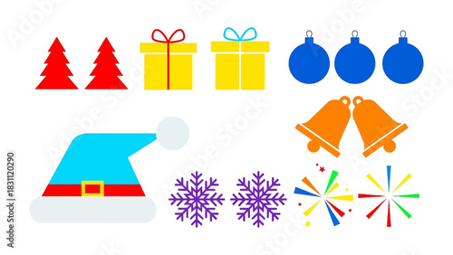 Festive Assortment: A cheerful collection of Christmas ornaments, gifts, snowflakes and decorations, radiating holiday cheer and joy.