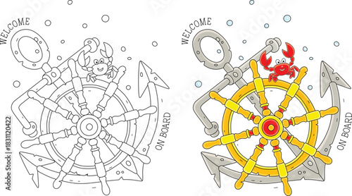 Cartoony red small crab waving its claws in greeting on an old wooden helm with a rusty anchor from a sunken filibuster sailboat on a seabed, color and black-and-white vector cartoon illustrations