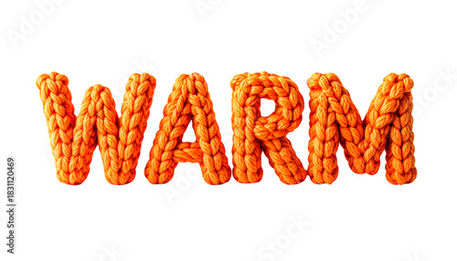 Warm knitted text in bright orange yarn with soft chunky texture on a transparent background