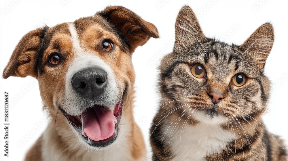 Fototapeta premium Happy dog and curious cat together on white background, background with selective focus and copy space