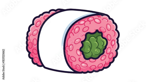 Cute Cartoon Sushi Roll with Pink Rice and Green Filling.