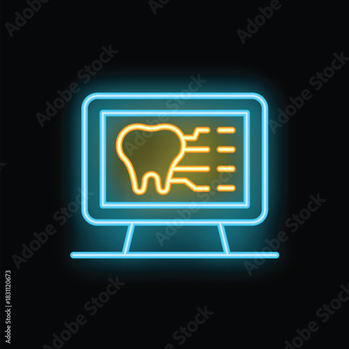 Neon sign showing a computer screen displaying a tooth, representing digital dentistry and technological advancements