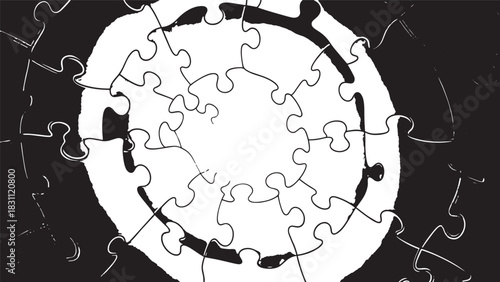 Abstract Circular Puzzle Pieces Forming a Globe Motif Against a Dark Background.