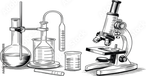 Laboratory Equipment Engraving Vector Set, Microscope, Flasks, and Beakers Sketch, Science and Chemistry Research Woodcut Illustration