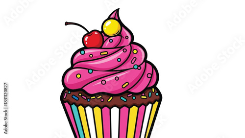 Delicious Pink Frosted Cupcake with Cherry and Sprinkles.