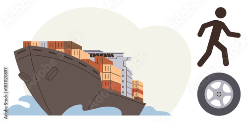 Cargo ship carrying containers on waves, walking figure, and tire wheel. Ideal for transportation, global trade, logistics, mobility, sustainability supply chain and commerce. Simple flat metaphor