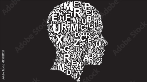 Abstract typographic portrait of a human head silhouette composed of scattered letters.