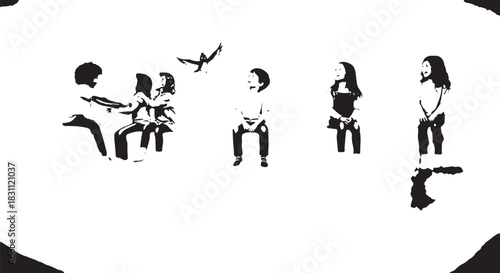 Silhouetted group of people seated on chairs around a circle against a white background, captured in a minimalist abstract composition.