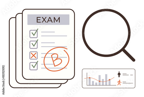 Exam paper checklist with graded results, magnifying glass symbolizing review, and performance analytics chart. Ideal for education, assessment, analysis, feedback, performance, accuracy learning