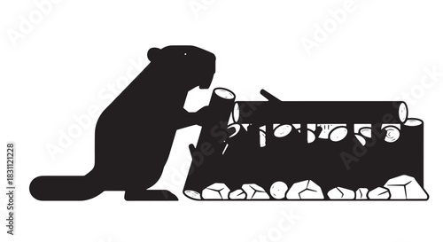 Beaver Silhouette Chewing Through Logs by the Water's Edge in a Woodland Scene.