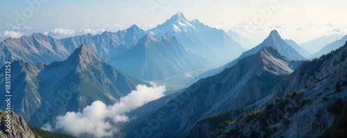 Aerial view of rocky mountain range,misty clouds, fog, view