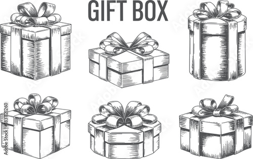 Gift Box Engraving Vector Set with Ribbons, Birthday, Christmas, and Holiday Presents Sketch, Vintage Woodcut Illustration Collection