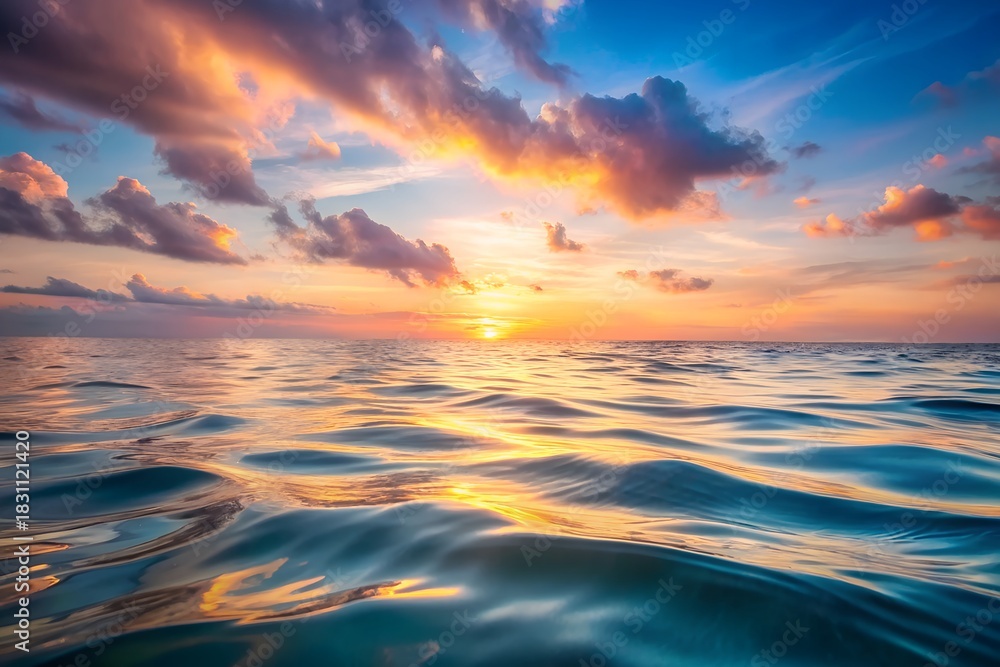 Obraz premium Vibrant sunset over the ocean with colorful clouds reflecting on the water surface