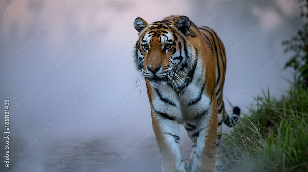 Obraz premium A bengal tiger walking towards the viewer with a misty background scene set