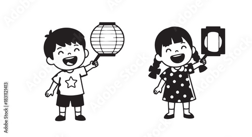 Two cheerful children with a lantern and camera enjoying a playful photography moment together.