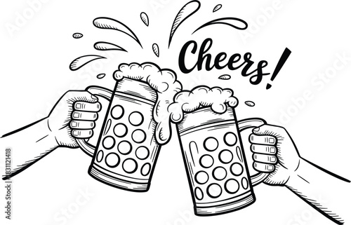Hands Toasting Beer Steins Vector Sketch, Cheers Typography Engraving, Oktoberfest Celebration Graphic, Hand-Drawn Pub Alcohol Beverage Illustration