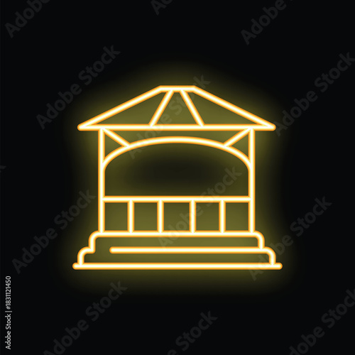 Neon yellow glowing gazebo icon shining on a black wall