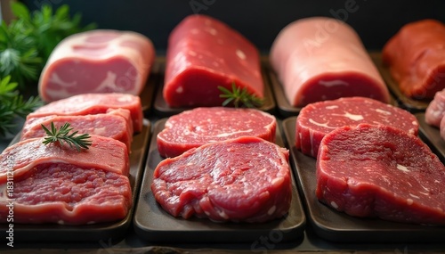 Variety of packaged beef and pork in supermarket, packaged, marketing