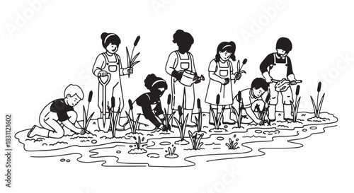 Group of people wading in a shallow river participating in a community cleanup activity.