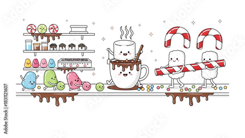 Sweet Wonderland: Whimsical illustrations depict a charming scene where smiling characters of marshmallow and candy gather to create delightful sweetness.