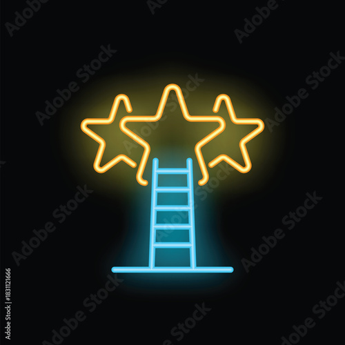 Neon sign of a ladder leading to three stars representing the achievement of goals