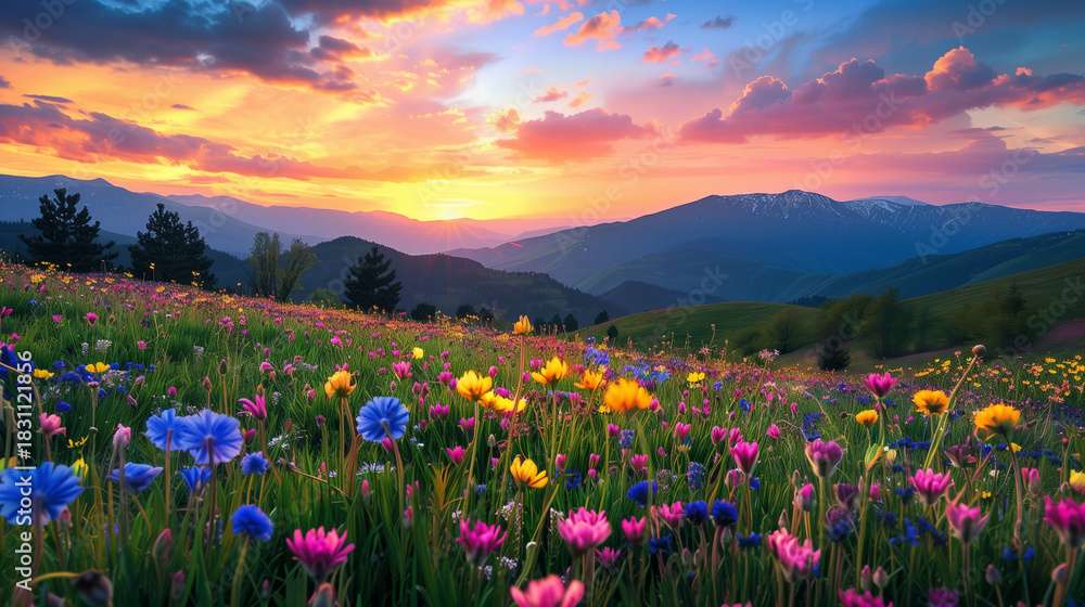 Obraz premium A vast field of flowers stretches endlessly across the landscape, bursting with vibrant colors and creating a breathtaking, dreamlike view