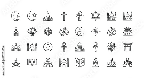 Set of different religious and spiritual symbols icons of world religions line isolated