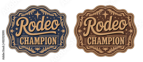 Rodeo champion cowboy belt buckle emblem featuring bull rider medal and ornate typographic design, perfect for western branding, sports awards, apparel graphics, event logos, posters, and detailed vec